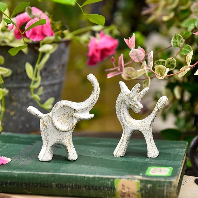 Sungmor Set of 2 Cast Iron Elephant & Unicorn Figurines - Rustic White Animal Sculptures for Shelf, Desk, or Entryway - Heavyweight Decorative Mini Cute Statues - Whimsical Vintage Home Décor