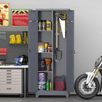 GREATMEET 65" Garage Storage Cabinet, Broom Closet Storage Cabinet, Metal Cabinets with Doors and Shelves, Utility Closet for Brooms and Mops, Utility Cabinets for Storage, Grey