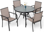 5-Piece Outdoor Patio Dining Set, 40-Inch Round Glass Table with 4 Stackable Chairs, Beige Grey