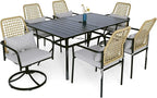 7-Piece Patio Dining Set, 63'' Rectangular Outdoor Table and 2 Wicker Swivel Rattan Chairs ＆ 4 Wicker Stackable Rattan Chairs with Cushions, All Weather Frame Furniture Set