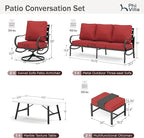 PHI VILLA 6 Piece Patio Furniture Sets with 1 x 3-Seat Deep Seating Bench, 2 x Cushioned Swivel Sofa Chairs, 1 x Coffee Table & 2 Ottoman, Outdoor Metal Conversation Set for Lawn Garden Yard, Red