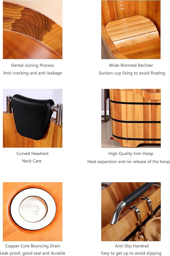 Wooden Hot Tub Bathroom Freestanding Soaking Non-Slip Bathtub Thickened Handrail Style Healthy Medicinal Bathtub For Both Adult And Child Family Members (Armrest with Cover Premium Configuration)