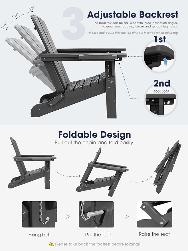 KINGYES Adjustable Folding Adirondack Chair with Footrest & 4-in-1 Multi-Functional Armrest Organizer Set of 4, HDPE Foldable Reclining Adirondack Chair with Pull-Out Ottoman, Grey