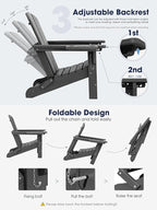 KINGYES Adjustable Folding Adirondack Chair with Footrest & 4-in-1 Multi-Functional Armrest Organizer, HDPE Foldable Reclining Adirondack Chair with Pull-Out Ottoman, Gray