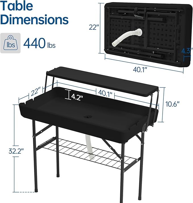 Outdoor Ice Cooler Folding Table, Portable Cooler Table with Removable Matching Skirt, Folding Ice Chest Table with Place Holder Black