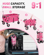 Gonex 38''L Collapsible Foldable Wagon Cart with 360lbs Weight Capacity, 220L Folding Utility Garden Cart with Detachable Wheels for Grocery Sports Shopping Camping - Pink