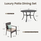 PHI VILLA 5 Piece Outdoor Dining Table Set for 4, 42” Round Steel Dining Table with Umbrella Hole & 4 Metal-Frame Wicker Chairs for Patio, Deck, Yard, Porch