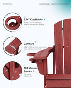 SERWALL Folding Adirondack Chair Set of 6, Adjustable Adirondack Chair with 3 Recline Positions, All Weather HDPE Outdoor Adirondack with Cup Holders, Red