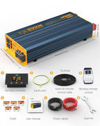 3000W Pure Sine Wave Power Inverter DC 12V to 110V 120V with Fast Charging Type-C& 3 USB Ports LCD Display Remote Controller Power Inverters for Vehicles,RV,Truck,Home,Off-Grid Solar System