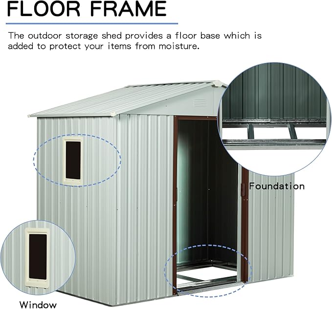 6x5 FT Outdoor Storage Shed, Metal Garden Shed with Frame Floor, Outside Tool Shed with Window, Waterproof Storage Building with Lockable Sliding Doors & Sloped Roof for Backyard, Patio, White