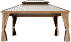 12' X 16' Hardtop Gazebo, Outdoor Aluminum Patio Gazebo Double Roof Galvanized Steel Wooden Finish Coated Canopy with Netting and Curtains for Garden, Patio, Backyard, Deck and Lawns.