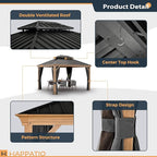 HAPPATIO 10' x 12' Hardtop Gazebo, Outdoor Wood Grain Frame Aluminum Gazebo, Double Roof Permanent Patio Canopy with Netting and Curtains for Garden, Patio, Lawns, Parties (Grey)