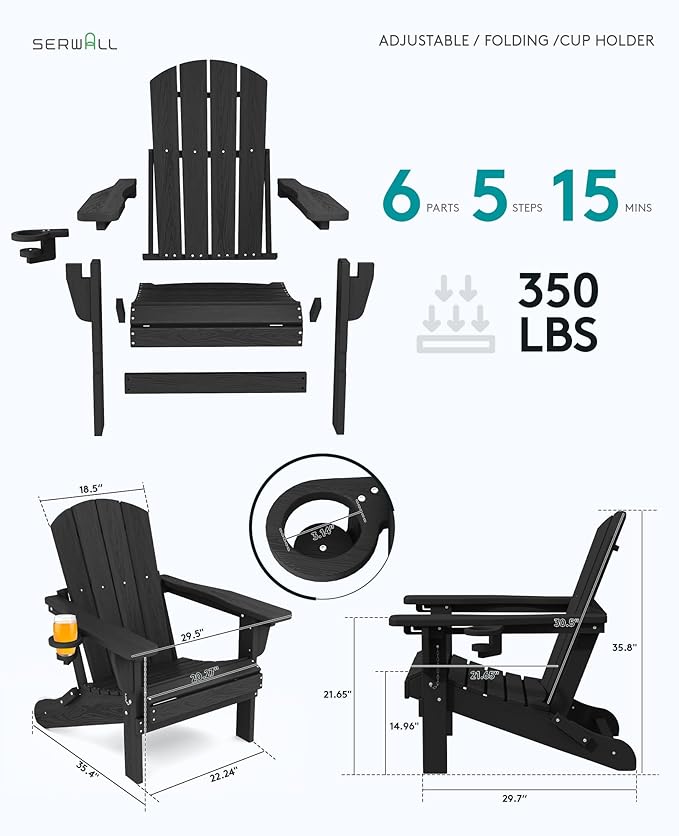 SERWALL Folding Adirondack Chair Set of 8, Adjustable Adirondack Chair with 3 Recline Positions, All Weather HDPE Outdoor Adirondack with Cup Holders, Black