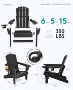 SERWALL Folding Adirondack Chair Set of 8, Adjustable Adirondack Chair with 3 Recline Positions, All Weather HDPE Outdoor Adirondack with Cup Holders, Black