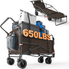 LEVELEVE Heavy Duty Folding Wagon - 2-in-1 Collapsible Cart, 650lb Capacity, All-Terrain Wheels w/Brakes & Side Pockets (Brown)