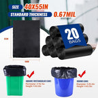 20 Count 55-60 Gallon Trash Bags, Tear-Free Large Black Garbage Bags for Kitchen, Office, Outdoor, Commercial Use, Lawn and Leaf Bags, Lightweight 17 Micron Design for Daily Dry Waste