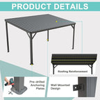 Domi 10’x14’ Lean-to Gazebo, Hardtop Wall-Mounted Gazebo Pergola with Sloping Galvanized Steel Roof and Upgraded Drainage System, Outdoor Permanent Metal Shelters for Patio Backyard Deck, Grey