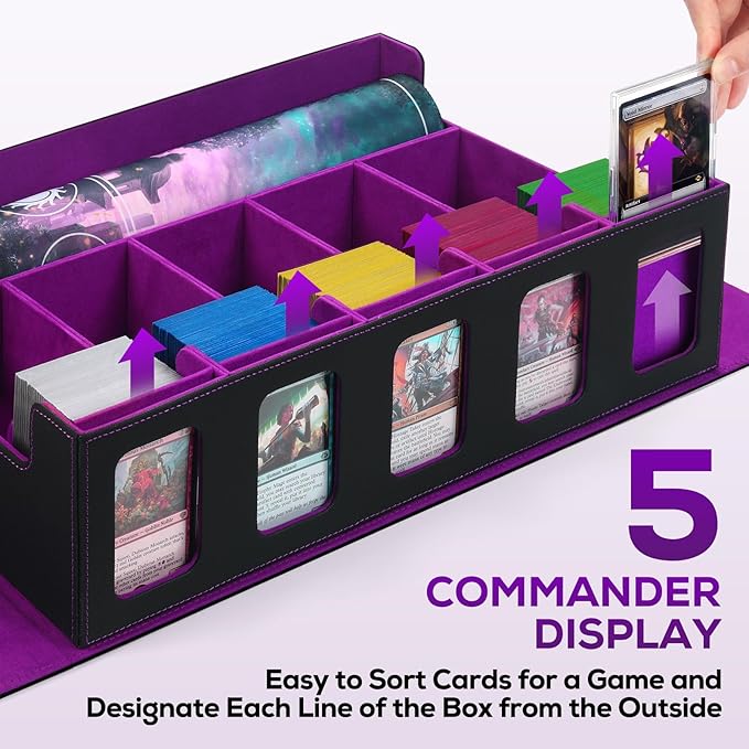 Trading Card Storage Box for MTG, card storage box with Commander Display，Multi-purpose Deck Case for MTG TCG Sports Card, 4 Toploaders, 4 Stoppers, 4 Colorful Dividers (Black& Purple, 5-Row)