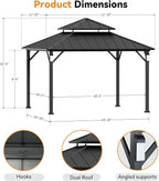 Modern Shade The Horizon Hardtop Gazebo 12' x 12' with 4 LED Lights, Permanent Outdoor Gazebo with Galvanized Steel Double Roof, Grill Pavilion with Decor Hooks, Mosquito Nettings, Black