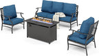 HERA'S HOUSE 4 Pieces Patio Fire Pit Furniture Set, 2 x Single Chair, 3-Seat Sofa with 45" Fire Pit Table, Outdoor Conversation Set for Garden Poolside Backyard, Pacific Blue