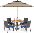 PHI VILLA 5 Piece Outdoor Dining Set with Umbrella for 4, 37" Square Metal Wood-top Dining Table & Wicker Rattan Chairs with Cushions & 10ft Beige Umbrella for Patio, Deck, Backyard, Porch