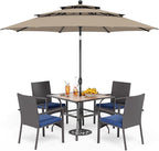 PHI VILLA 5 Piece Outdoor Dining Set with Umbrella for 4, 37" Square Metal Wood-top Dining Table & Wicker Rattan Chairs with Cushions & 10ft Beige Umbrella for Patio, Deck, Backyard, Porch