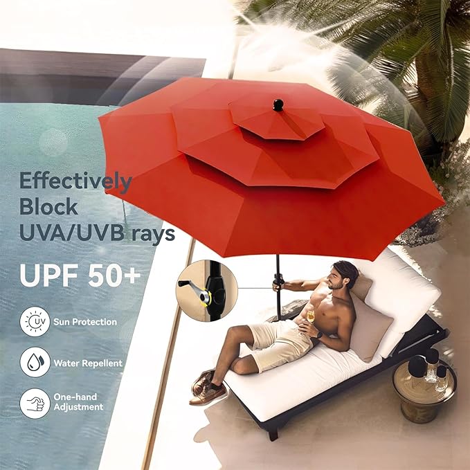 PHI VILLA 5 Pieces Patio Dining Set for 4 with 10ft Patio Umbrella, Metal Outdoor Stackable Wrought Iron Chair Set of 4 & 37" Metal Dining Table,3 Tier Vented Market Table Orange Red Umbrella