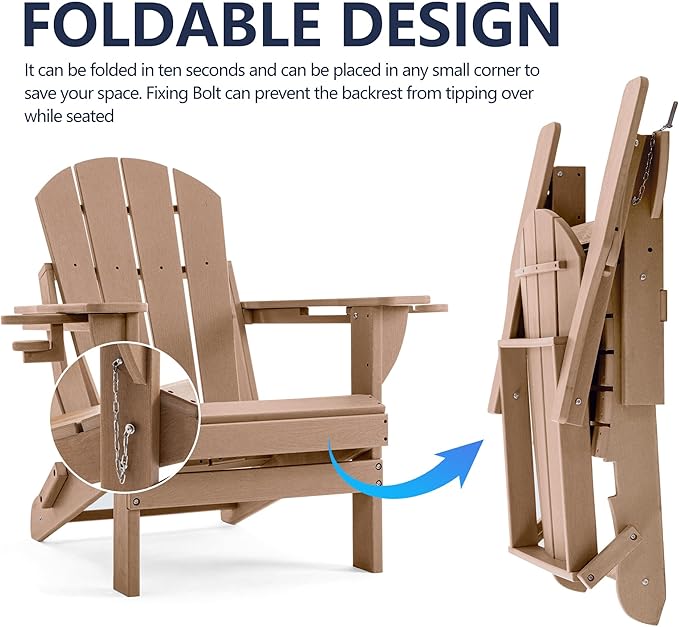 Folding Adirondack Chair, HDPE Outdoor Texture Lawn Chair with Reclining Back, Cup and Phone Holder - Comfortable Firepit Chair Weather Resistant for Patio or Backyard (Brown, Set of 1)