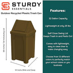 32 Gallon Square 100% Recycled Plastic Heavy Duty Outdoor Commercial Trash Can with Swing Top Lid | Great for Schools and Businesses - Brown