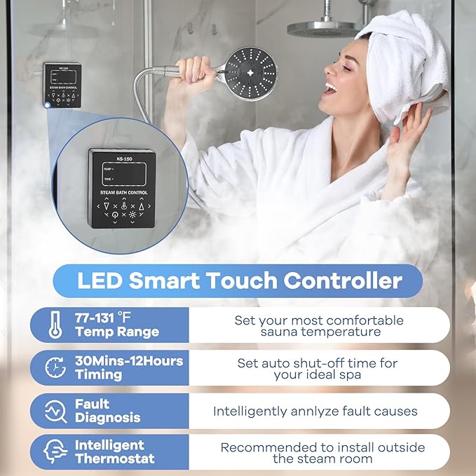 Kooby 6KW Luxury Self-draining Steam Generator Shower Sauna Bath Home Steam Bath Spa Generator with Waterproof Control and Auto Drain 95-131℉ for Max Space Heating 6 m³ (215 ft3)