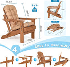 nalone Folding Adirondack Chair with Cushion with Cup Holder, HDPE Plastic Oversized Patio Chair Weather Resistant, Used in Outdoor, Fire Pit, Deck, Garden, Campfire Chairs (Teak)