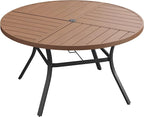 DIFY 59.8" Round Outdoor Patio Dining Table for 8-10, All-Weather Metal Steel Slatted Patio Table with 1.57" Adjustable Umbrella Hole, for Lawn Garden Porch Backyard, Walnut