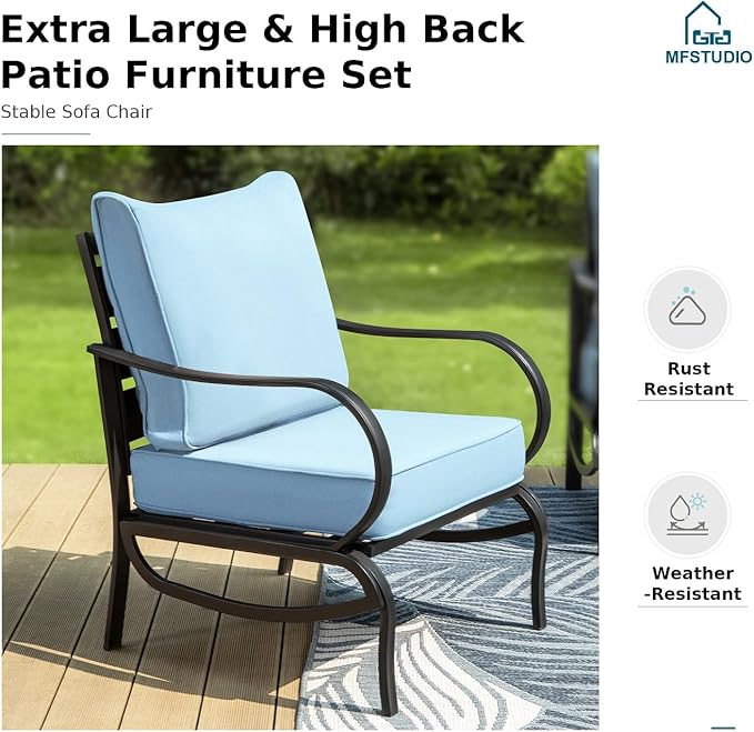MFSTUDIO 6 Pieces Patio Furniture Sets with 45" Gas Fire Pit Table(Up to 7 Seat),Outdoor Metal Conversation Sofas with 1 x 3-Seat Sofa, 2 Sofa Chairs and 2 Ottoman,Blue Cushion