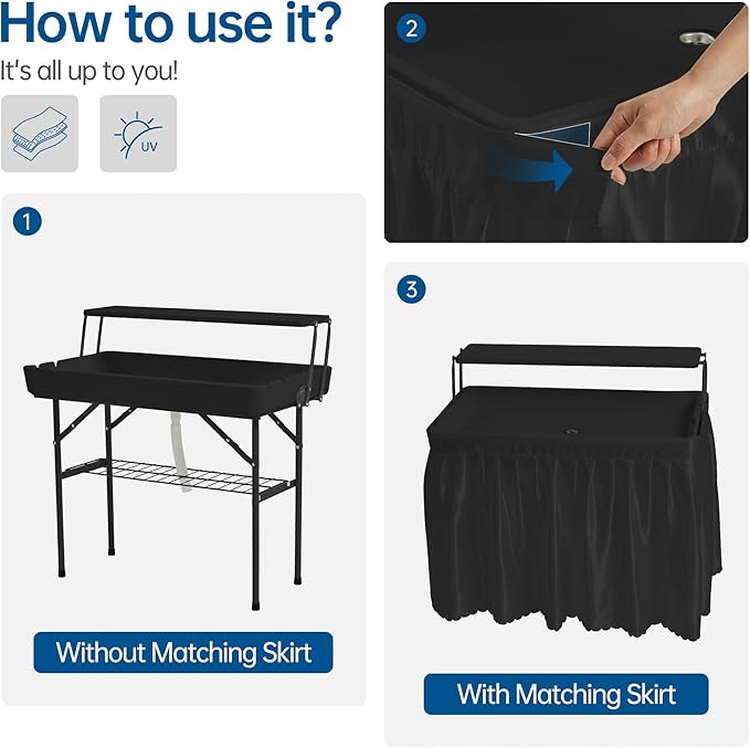 Outdoor Ice Cooler Folding Table, Portable Cooler Table with Removable Matching Skirt, Folding Ice Chest Table with Place Holder Black