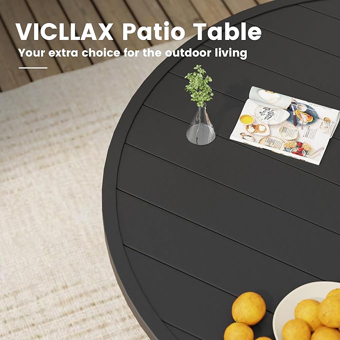 VICLLAX Outdoor Patio Round Dining Table, 50"x 50" Metal Slatted Round Tabletop with Adjustable Umbrella Hole for Deck Lawn Garden Backyard, Black