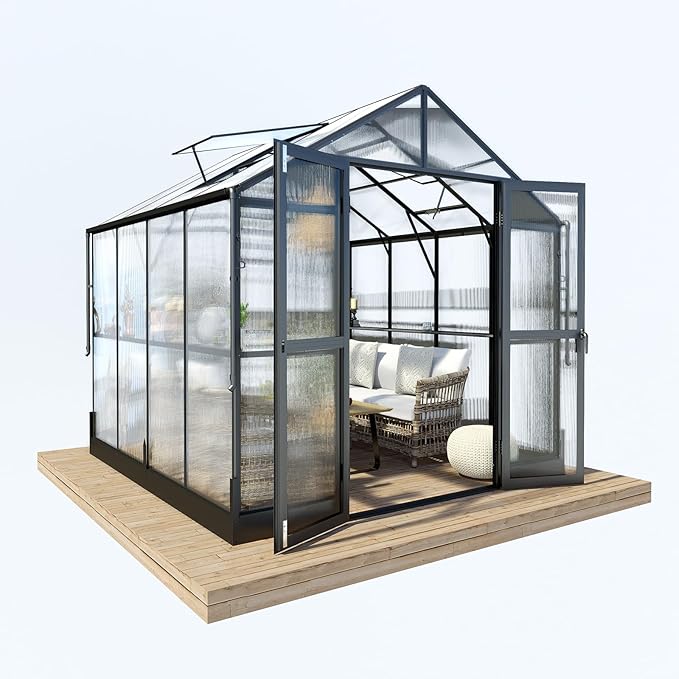 HOWE 8x8x7.5 FT Aluminum Greenhouses for Outdoors,Polycarbonate Greenhouse with 2 Vents Lockable Swing Door Rain Gutter,Walk-in Greenhouse for Backyard Plants, Black