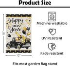 Heyfibro Happy New Year Truck Garden Flag 12x18 Inch Double Sided Black Gold Champagne Balloon Garden Flag Decorative Firework Yard Flags for Outside House Farmhouse Holiday Outdoor Decoration