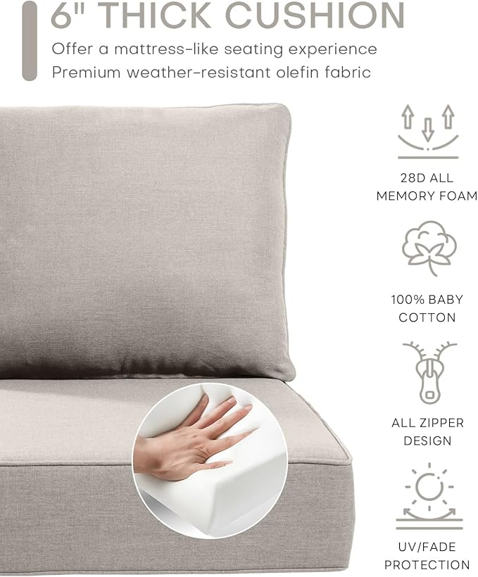 Luxury 24x24x6 Inch Outdoor Furniture Cushions Set of 6 - Comfortable Deep Seat Patio Zipper Chair Cushion for Outside Wicker Dining Rocking Swivel Chairs Loveseat Couch Sectional Sofa - Beige