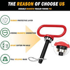 2 Packs Magnetic Hitch Pin, Lawn Mower Trailer Hitch Pins 1/2 Inch with Handle and Clip, Trailer Gate Pin for Mowers, Tractor Truck, Towing Cargo, ATV - Simple One Handed Hook On & Off（Red