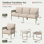 5-Piece Outdoor Patio Conversation Furniture Set, Sectional Outdoor Furniture with Washable Thick Cushions, Steel Modern Conversation Set with Nesting Coffee Table for Porch, Balcony - Beige