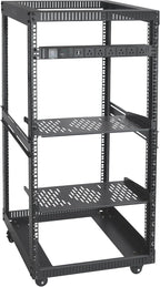 RIVECO 22U Open Frame Server Rack with Brake Casters +19" Rail Mounting PDU (8 Outlets) Power Strip with Surge Protector + 2PCS Rack Shelves Cantilever Tray Set Black