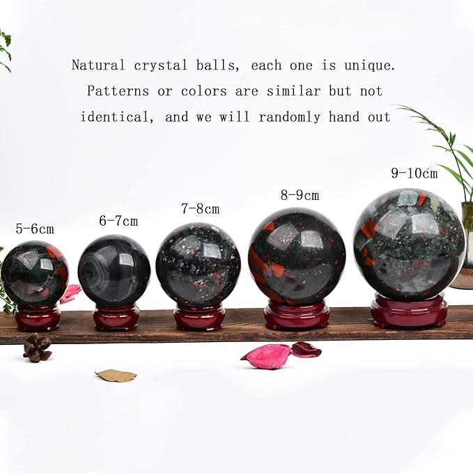 JIC Gem Real Quartz Crystal Sphere Ball African Bloodstone Healing Crystal Ball with Decoation Stand for Fengshui Meditation Ball (60-70mm)