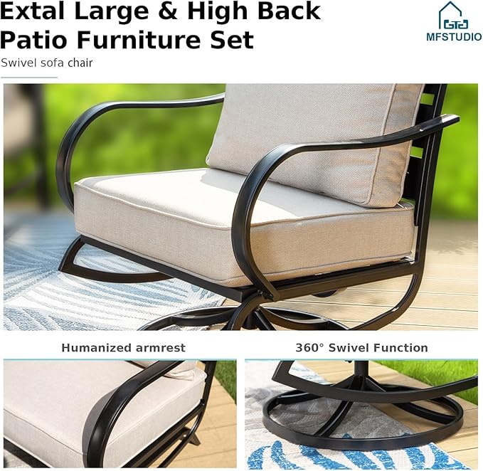 MFSTUDIO 5 Pieces Patio Conversation Sets, Outdoor Metal Furniture Sofas with 1 x 28 50,000 BTU Square Propane Fire Table and 4 x Wrought Iron Frame Swivel Chairs with Beige Cushion