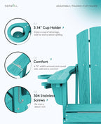 SERWALL Folding Adirondack Chair Set of 2, Adjustable Adirondack Chair with 3 Recline Positions, All Weather HDPE Outdoor Adirondack with Cup Holders, Aruba
