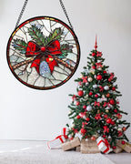 Stained Glass Window Hanging - Pine Branches Red Bow Suncatcher for Doors Home Christmas Decoration Silver Sun Catcher Thanksgiving New Year Birthday Gifts for Women Men Mom Nana 9.8 in