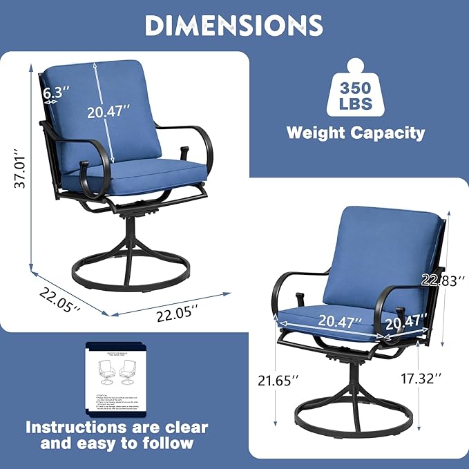 MELLCOM Patio Swivel Chair Set of 2, Outdoor Dining Chairs with Thickened Cushions, Metal Patio Chairs Gentle Rocker for Outside, Garden Lawn & Porch, Blue