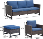 Rilyson Wicker Outdoor Patio Furniture Set - 5 Piece Patio Conversation Set with 2 Wicker Armrest Chairs,2 Rattan Ottoman and 1 Couch for Outside Porch Deck Backyard Garden(Brown/Blue)
