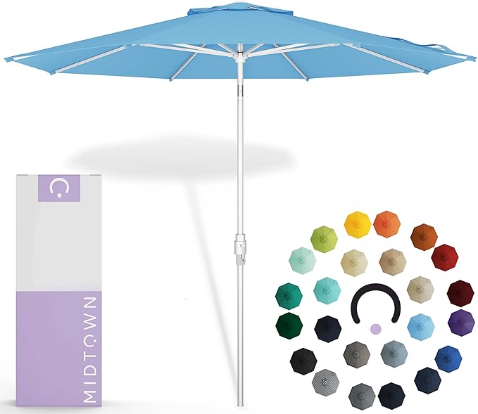 Midtown Umbrellas The Swilt 9 Feet Patio Umbrella in Sunbrella Capri Acrylic Fabric - Fiberglass Ribs, Auto-Tilt Aluminum Frame For Backyard, Deck, Garden, Pool - White Pole