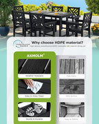 7 Piece HDPE Outdoor Dining Set for 6, Patio DHPE Furniture Set with Umberlla Hole, Weather Resistent Outdoor Table and Chairs for Garden, Poolside, Backyard, Deck, Black