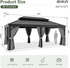 Aoxun Hardtop Gazebo 12x20 with Gutter, Upgraded Wider Aluminum Outdoor Gazebo with Galvanized Steel Double Roof, Patio Permanent Metal Pavilion with Netting and Privacy Curtain